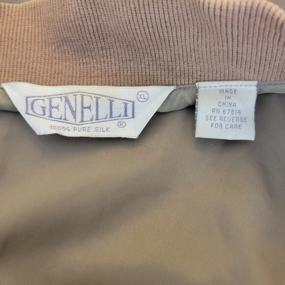 Vintage Genelli Bomber Jacket XL Pure Silk Tan Full Zip Ribbed Cuffs Lined Retro - Picture 6 of 7